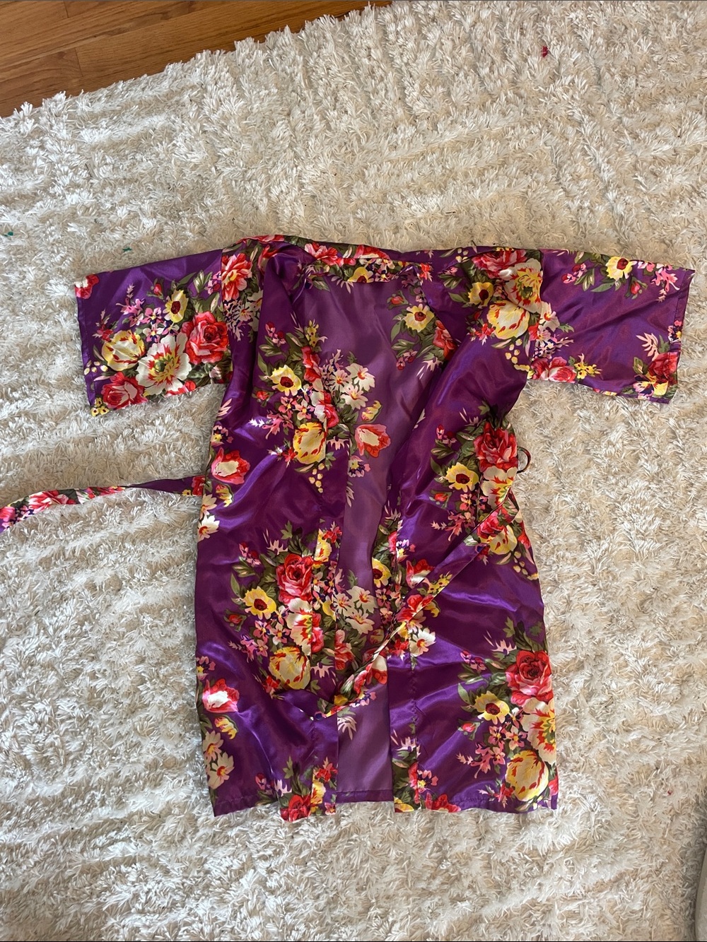 Purple Floral Satin Kimono Robe